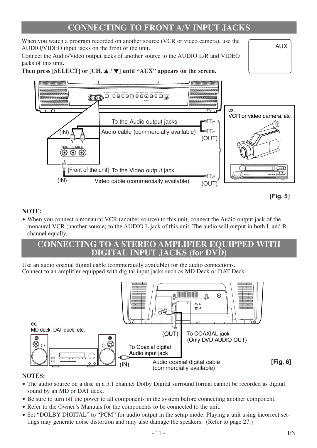 FUNAI MSD520FF owner manual Connecting to Front A/V Input Jacks, Connecting to a Stereo Amplifier Equipped with 