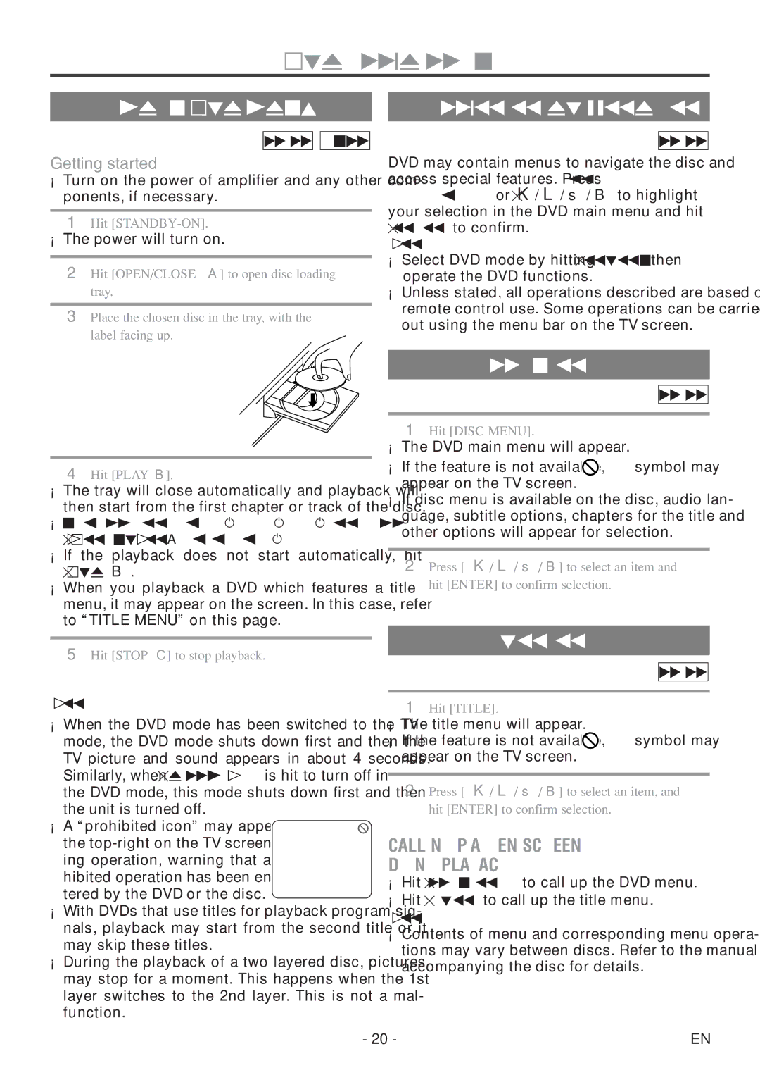 FUNAI MSD520FF Basic Playback General Features, Disc Menu, Title Menu, Calling UP a Menu Screen During Playback 