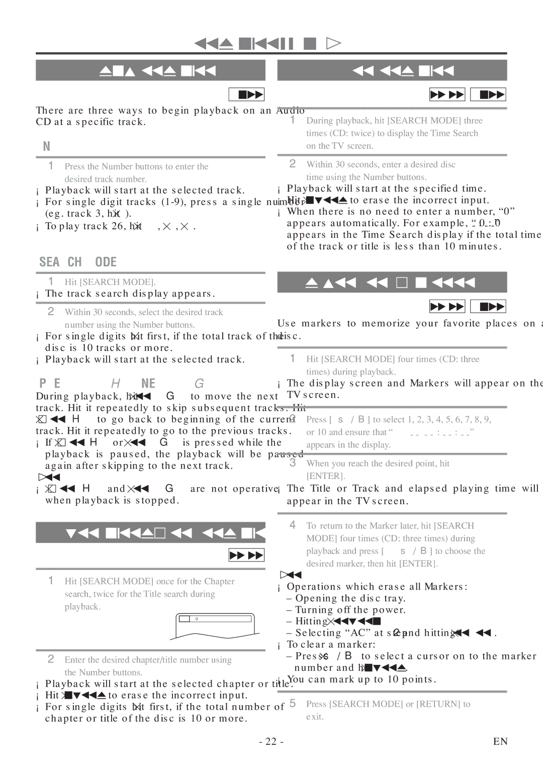 FUNAI MSD520FF owner manual Search Function, Track Search Time Search, Title / Chapter Search, Marker Setup Screen 