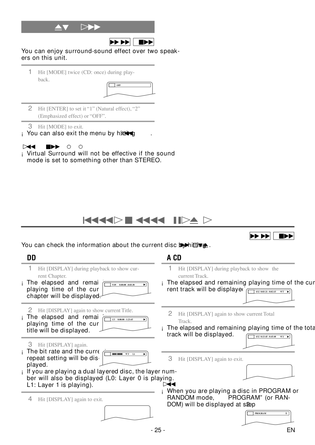 FUNAI MSD520FF owner manual ON-SCREEN Information, Virtual Surround 