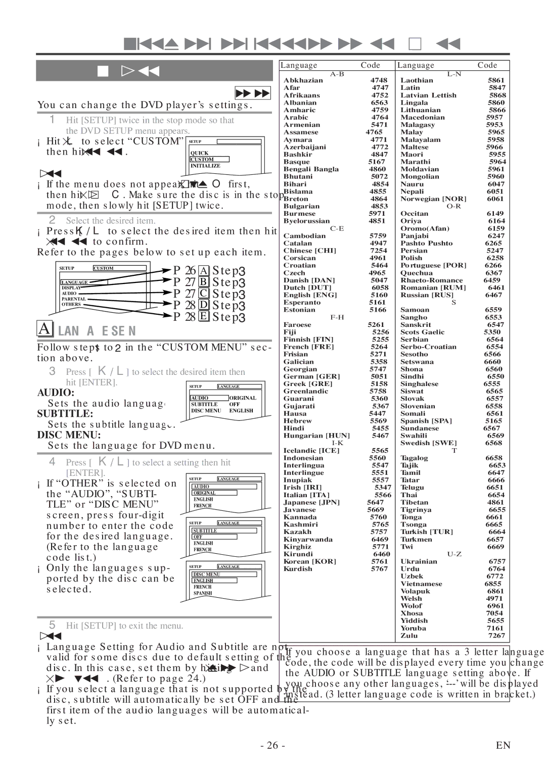 FUNAI MSD520FF owner manual Changing the DVD SET UP Items, Custom Menu, Language Setting 