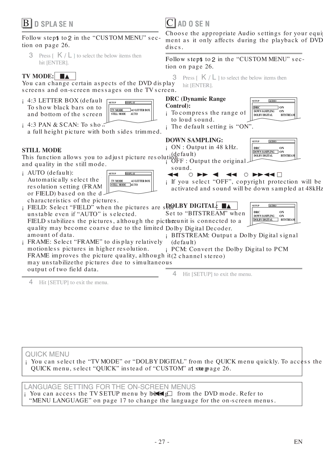 FUNAI MSD520FF owner manual Display Setting, Audio Setting, When playing disc with copyright Protection, Quick 