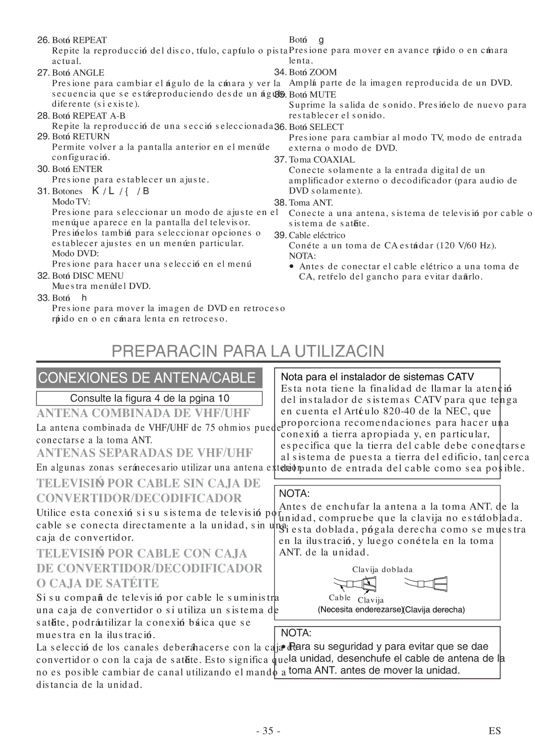 FUNAI MSD520FF Preparación Para LA Utilización, Antena Combinada DE VHF/UHF, Antenas Separadas DE VHF/UHF, Nota 