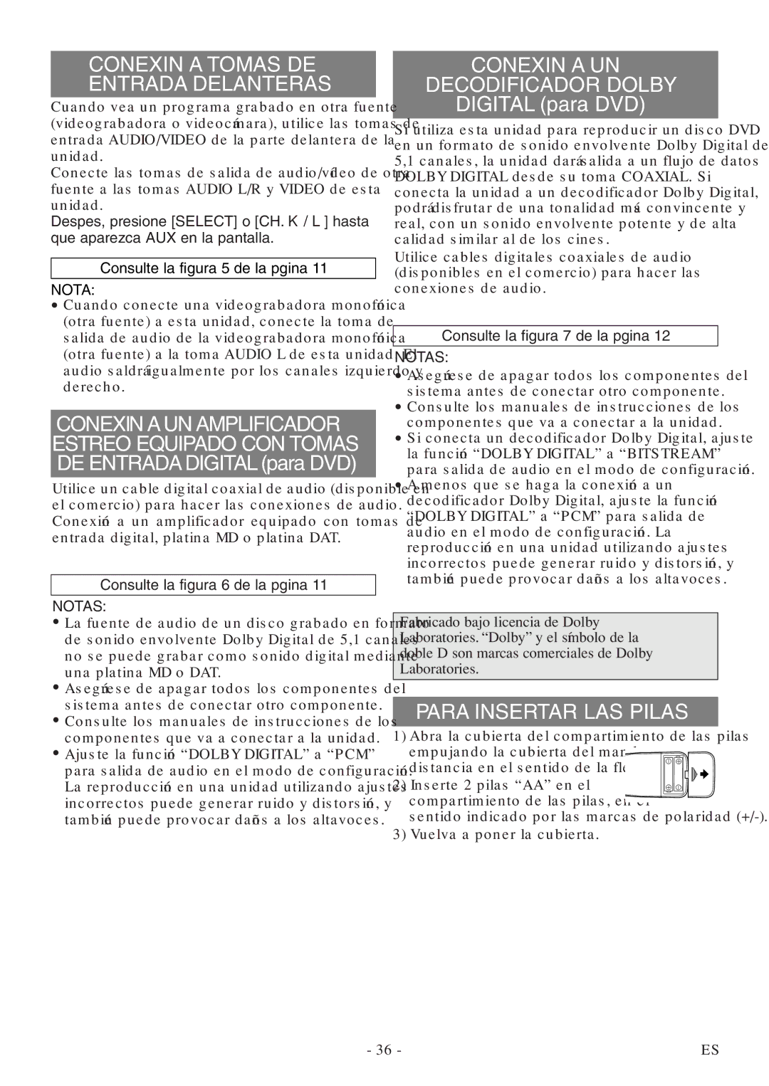 FUNAI MSD520FF Conexión a UN Decodificador Dolby, Para Insertar LAS Pilas, Consulte la figura 6 de la página, Notas 