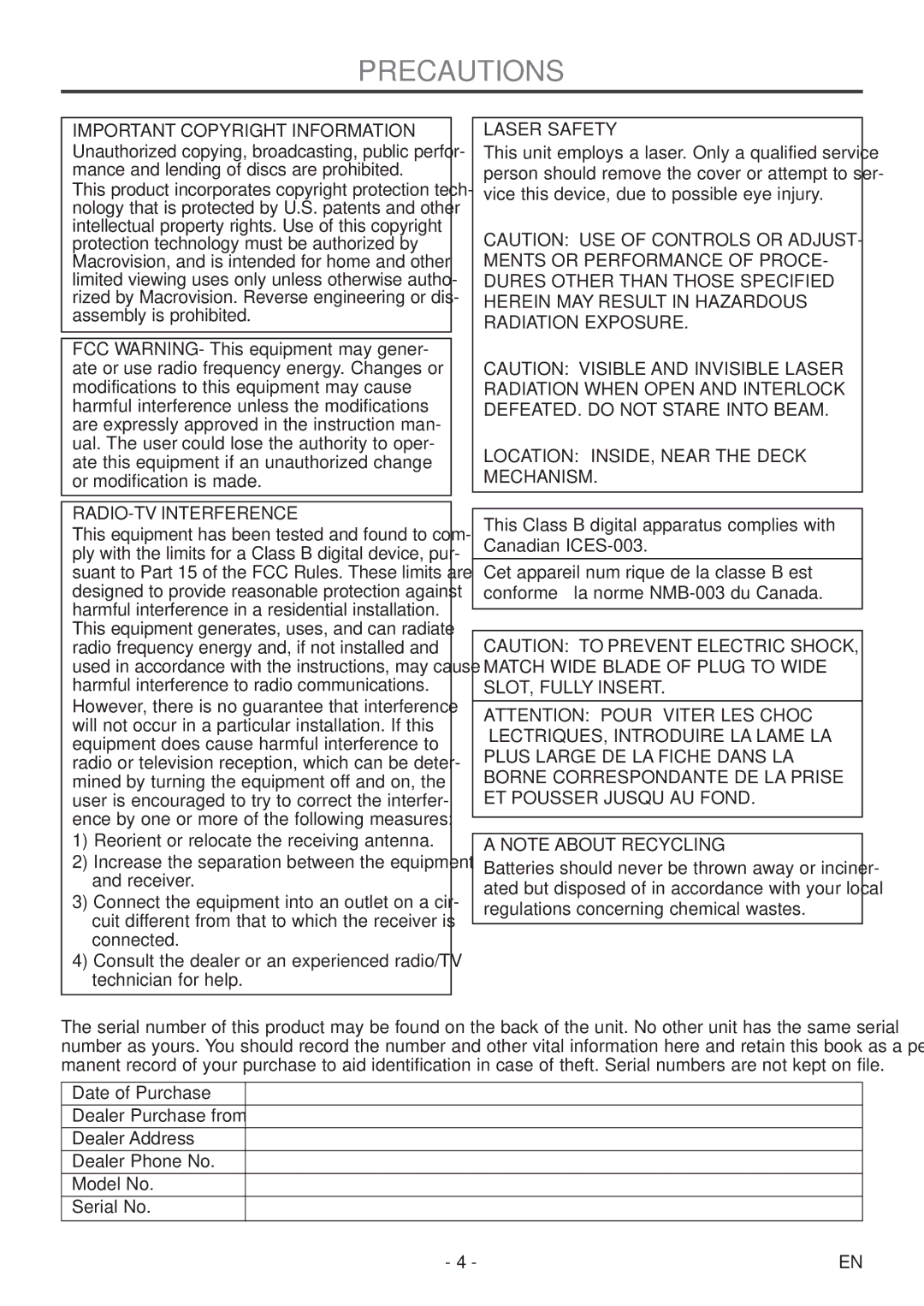 FUNAI MSD520FF owner manual Precautions, Important Copyright Information, RADIO-TV Interference, Laser Safety 