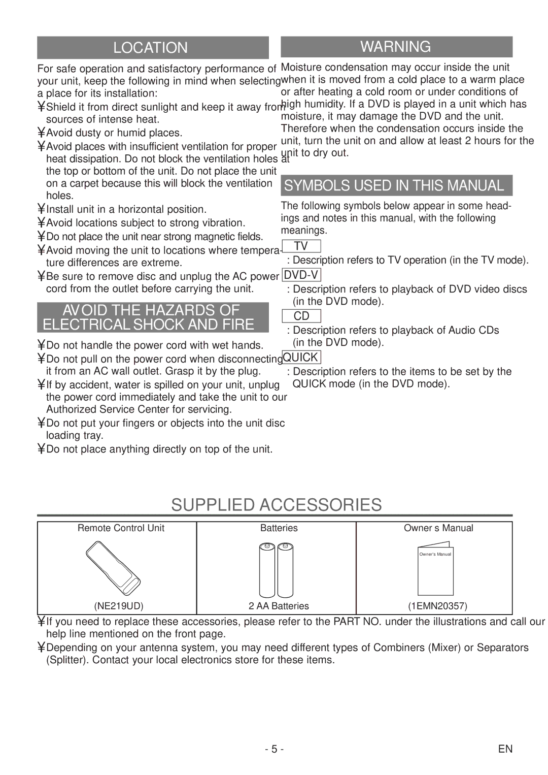 FUNAI MSD520FF owner manual Supplied Accessories, Locationwarning, Avoid the Hazards Electrical Shock and Fire 