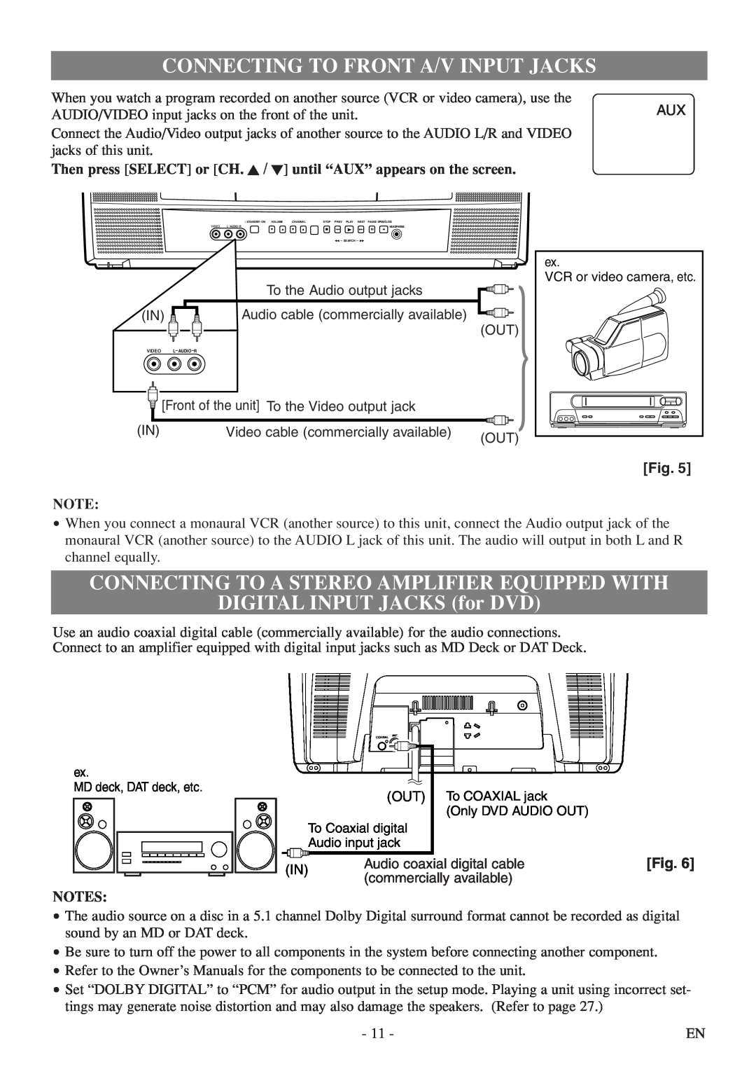 FUNAI MSD520FF owner manual Connecting To Front A/V Input Jacks, Connecting To A Stereo Amplifier Equipped With 