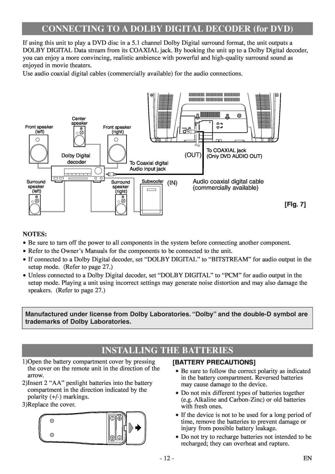 FUNAI MSD520FF owner manual CONNECTING TO A DOLBY DIGITAL DECODER for DVD, Installing The Batteries, Battery Precautions 