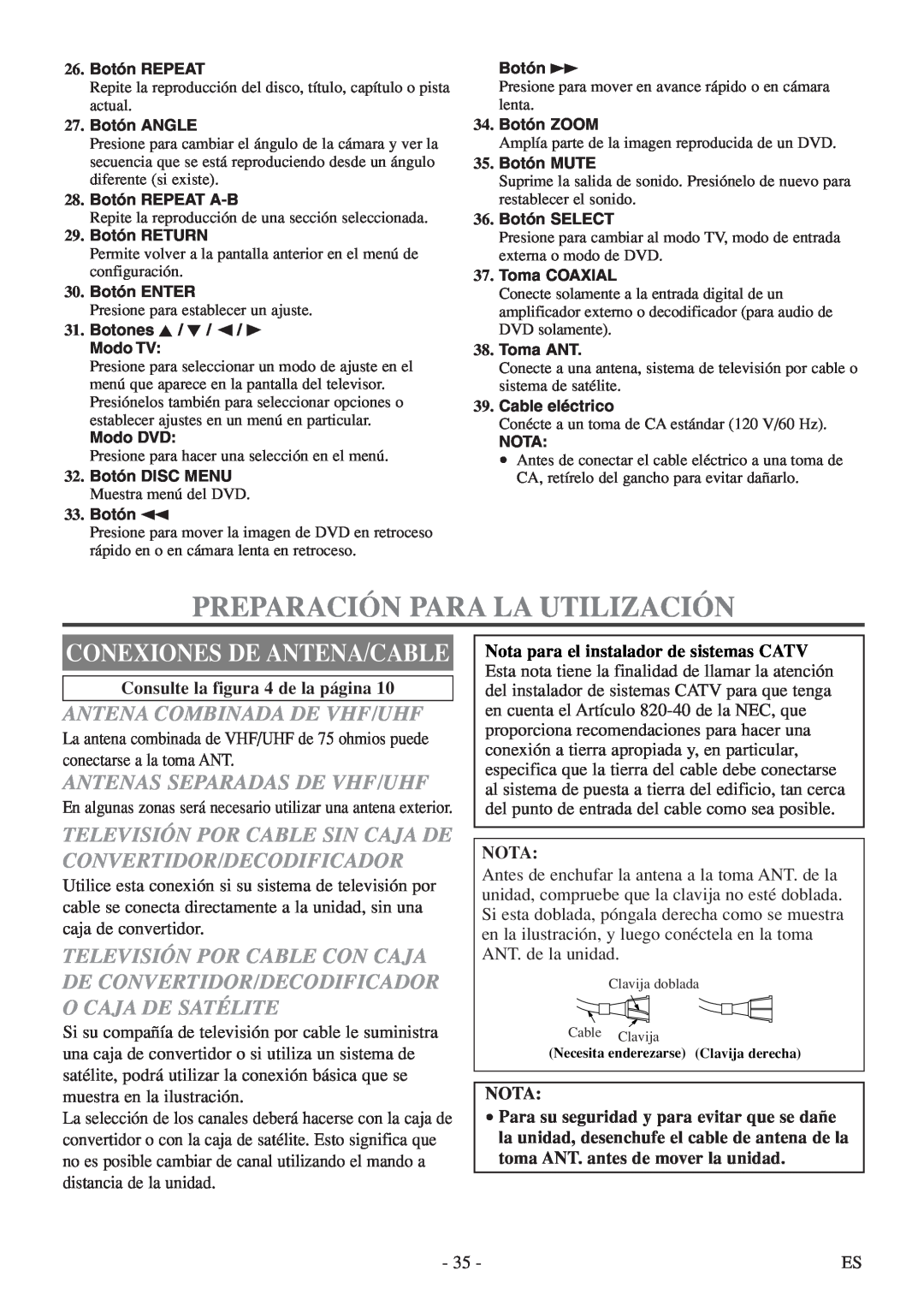 FUNAI MSD520FF owner manual Preparación Para La Utilización, Conexiones De Antena/Cable, Antena Combinada De Vhf/Uhf, Nota 