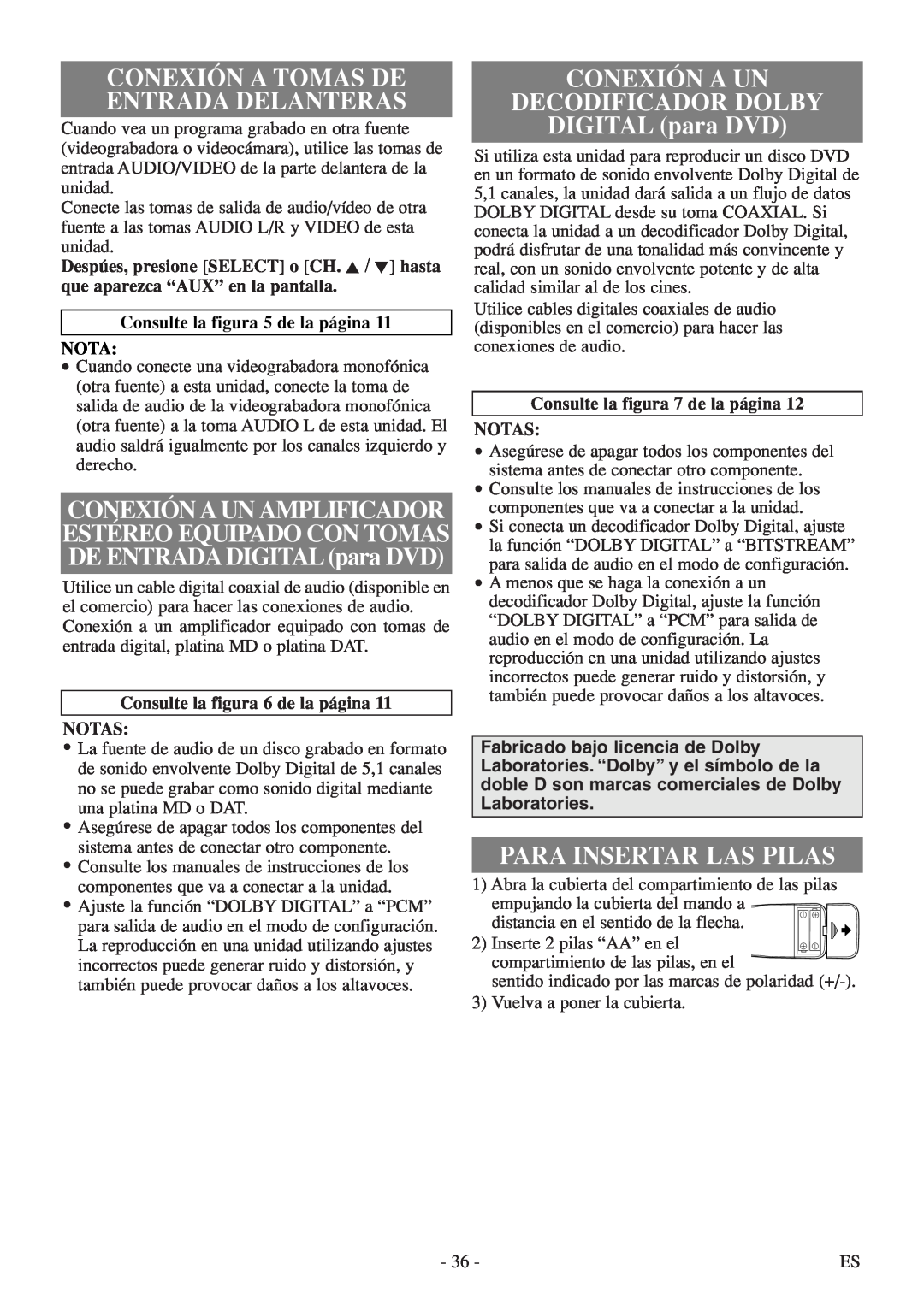FUNAI MSD520FF owner manual CONEXIÓN A UN DECODIFICADOR DOLBY DIGITAL para DVD, Para Insertar Las Pilas 