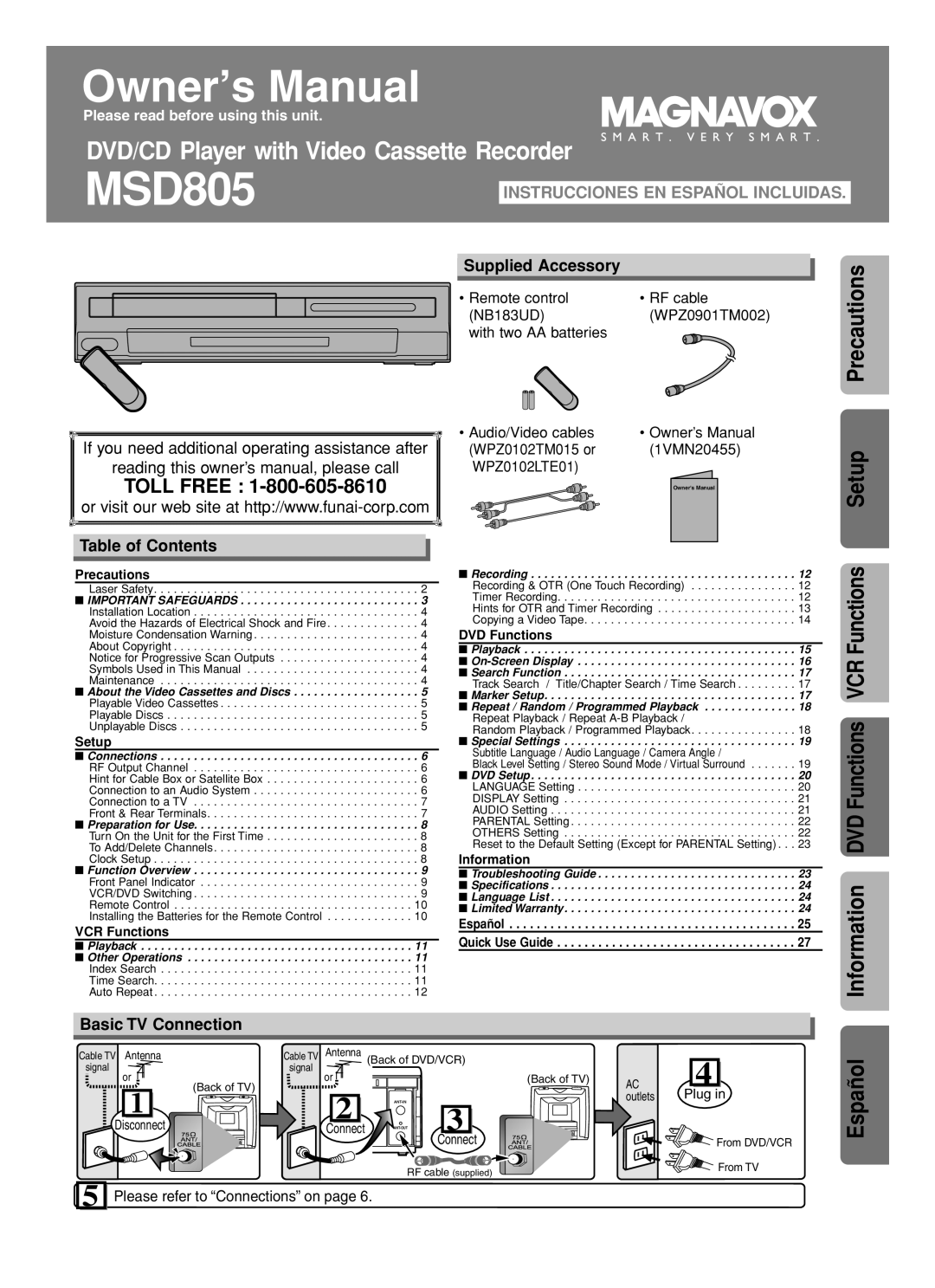 FUNAI MSD805 owner manual Supplied Accessory, Table of Contents, Basic TV Connection 