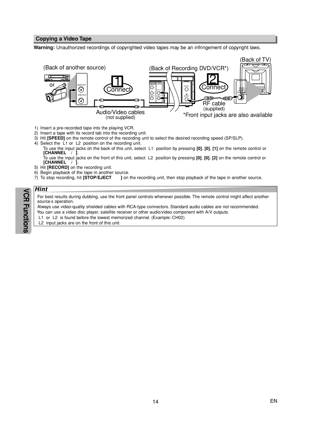 FUNAI MSD805 owner manual Copying a Video Tape, Not supplied, Supplied 