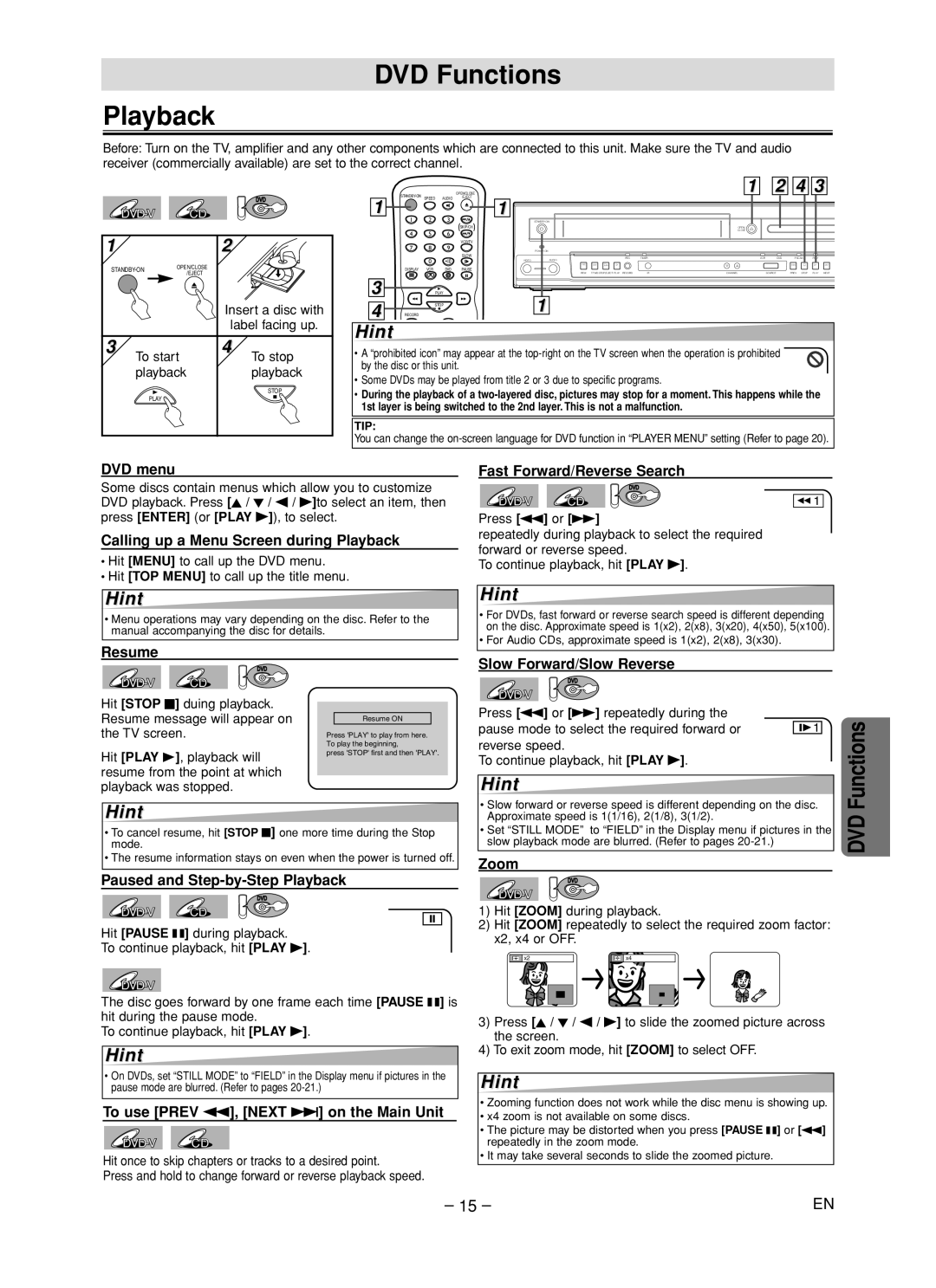 FUNAI MSD805 owner manual DVD Functions Playback 