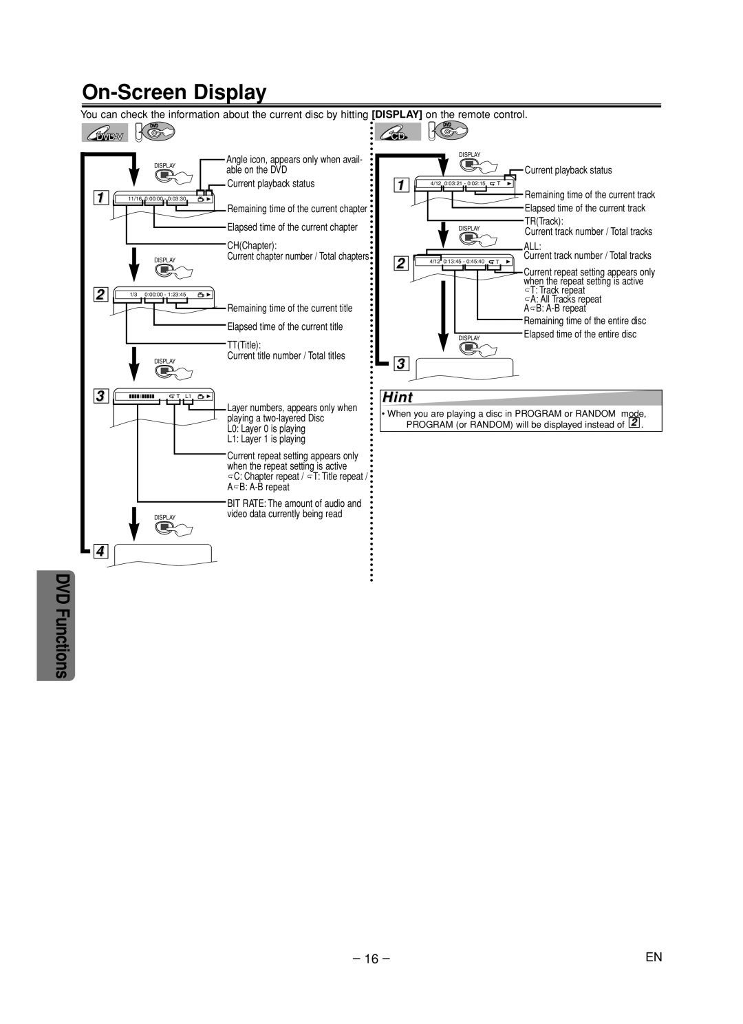 FUNAI MSD805 owner manual On-Screen Display 