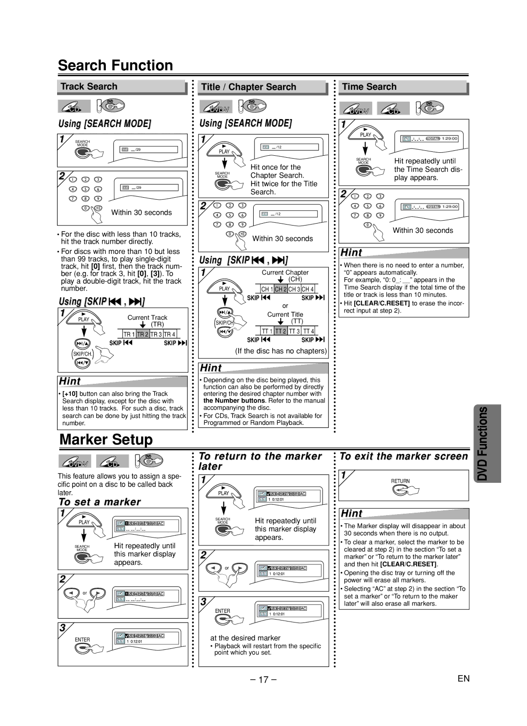 FUNAI MSD805 owner manual Search Function, Marker Setup 