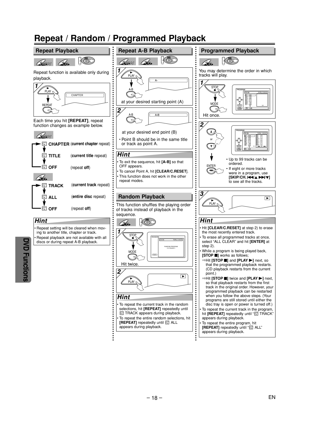 FUNAI MSD805 owner manual Repeat / Random / Programmed Playback, Repeat Playback, Repeat A-B Playback, Random Playback 