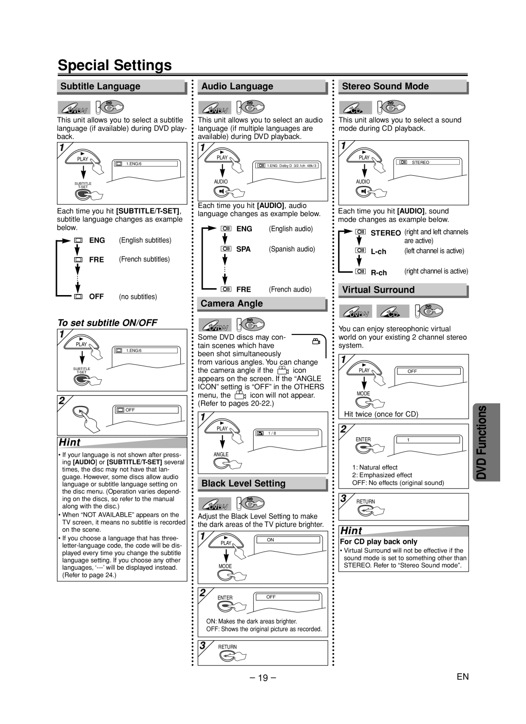 FUNAI MSD805 owner manual Special Settings 