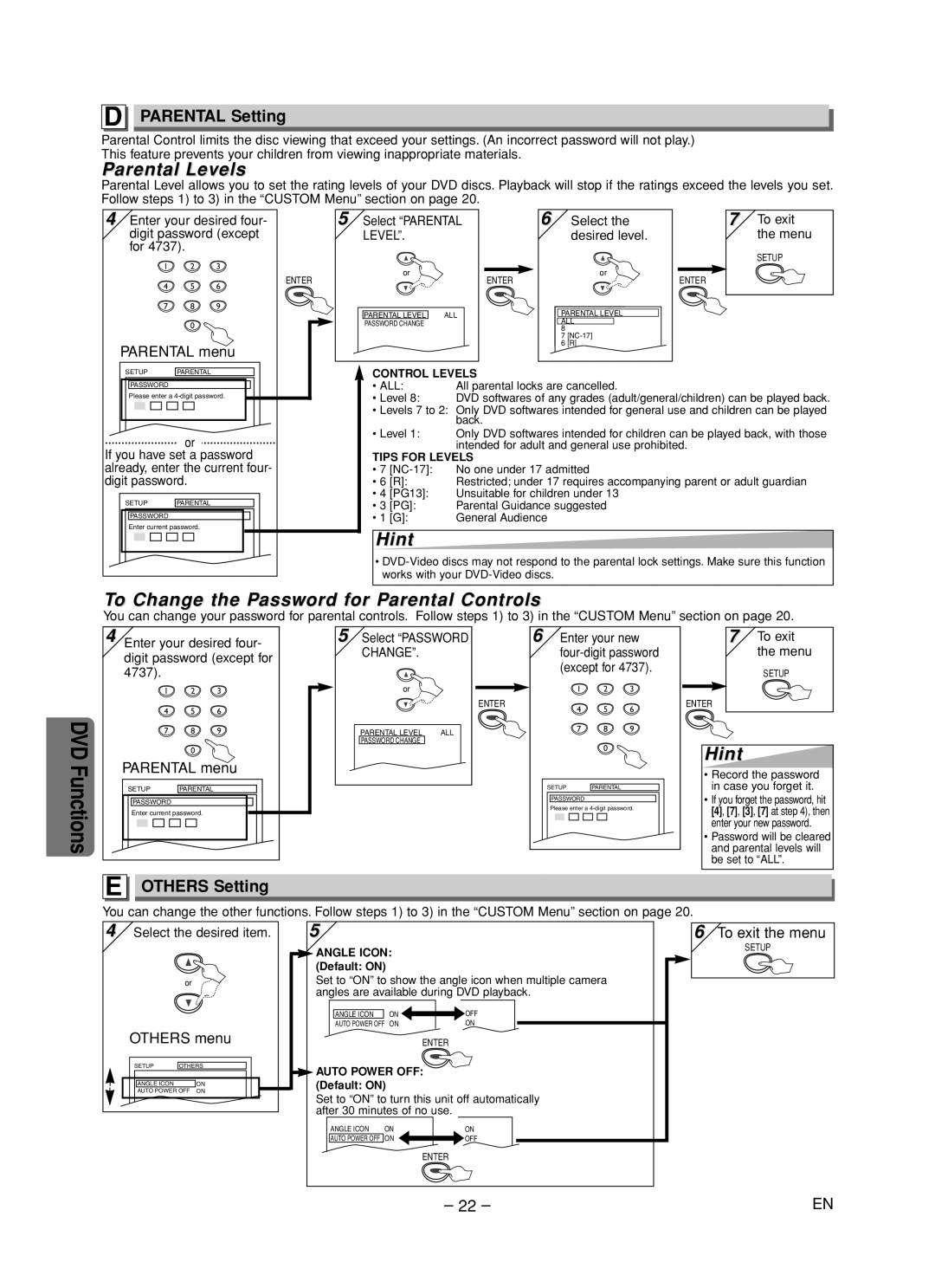 FUNAI MSD805 Parental Levels, To Change the Password for Parental Controls, Parental Setting, Others Setting, Others menu 