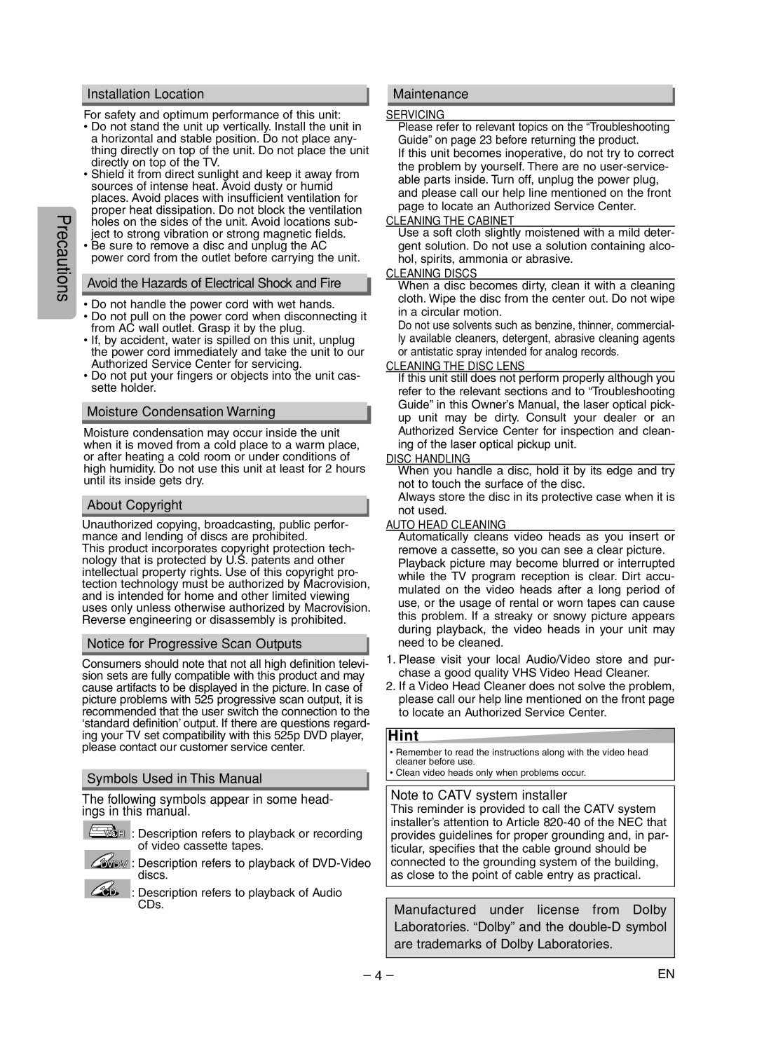 FUNAI MSD805 Hint, Installation Location, Avoid the Hazards of Electrical Shock and Fire, Moisture Condensation Warning 