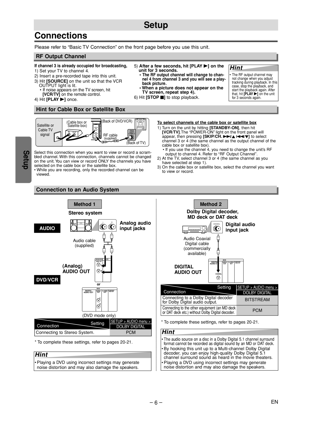 FUNAI MSD805 Setup Connections, RF Output Channel, Hint for Cable Box or Satellite Box, Connection to an Audio System 