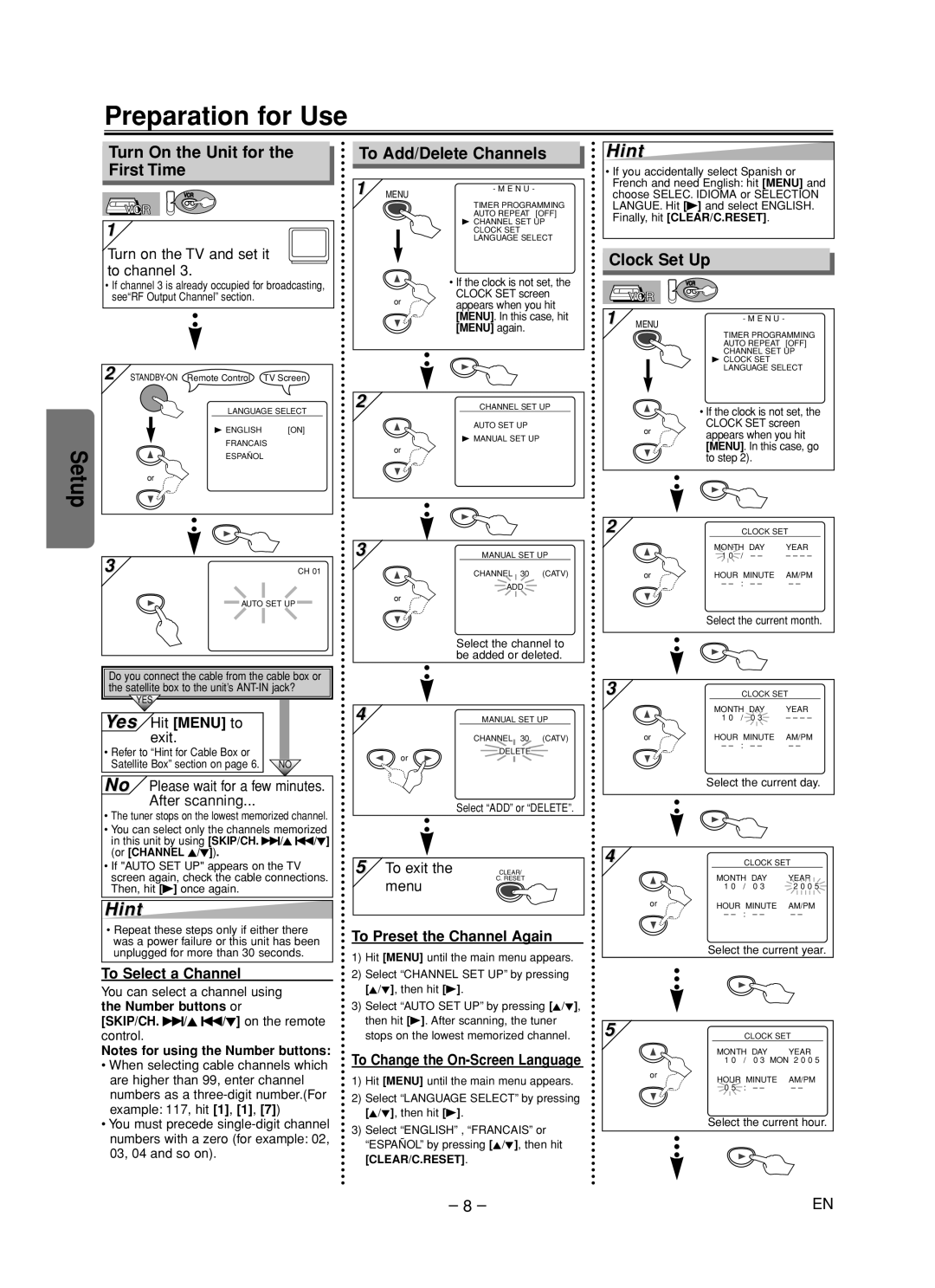 FUNAI MSD805 owner manual Preparation for Use, Turn On the Unit for the First Time, To Add/Delete Channels, Clock Set Up 