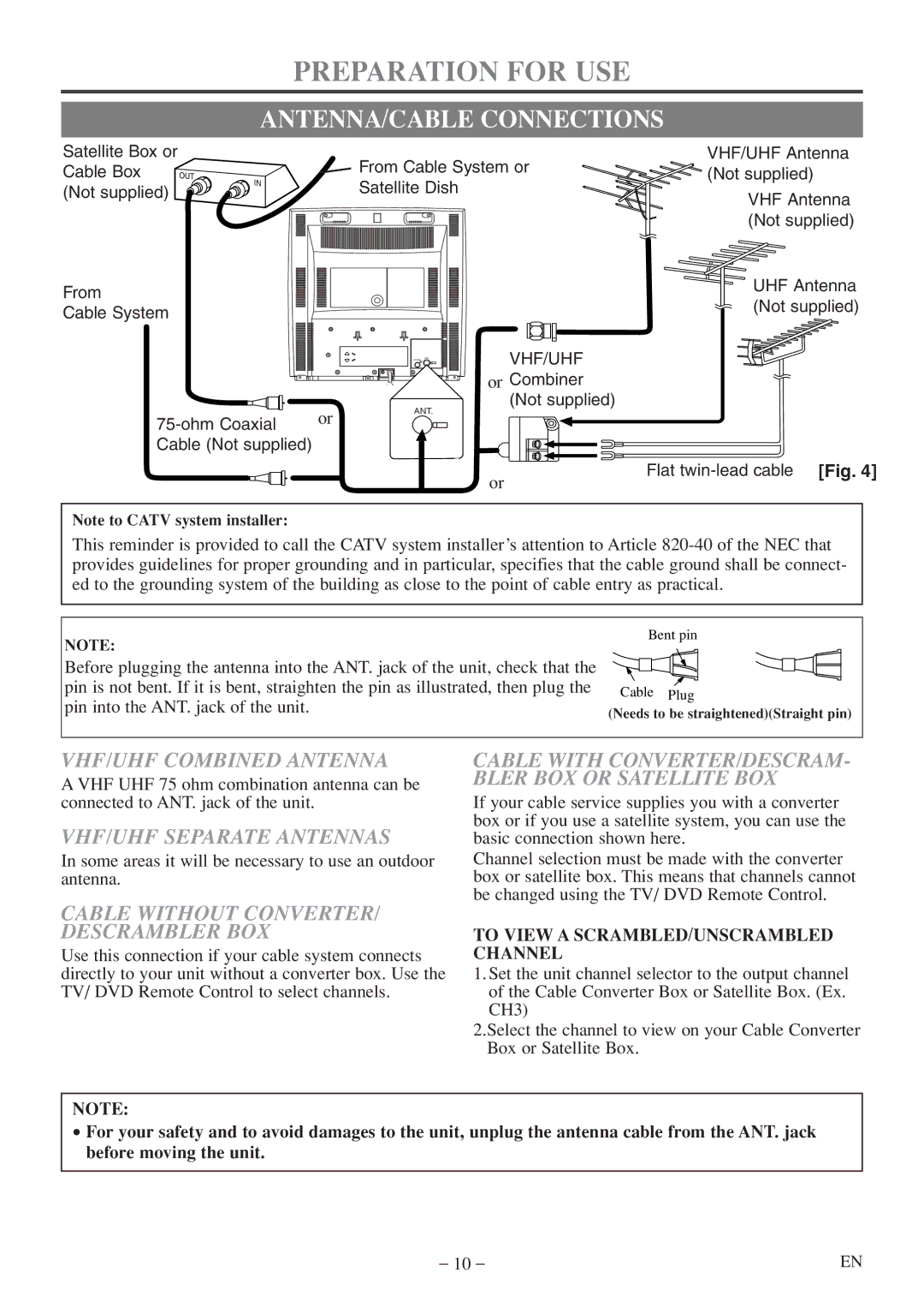 FUNAI MWC13D5 A Preparation for USE, ANTENNA/CABLE Connections, VHF/UHF Combined Antenna, VHF/UHF Separate Antennas 