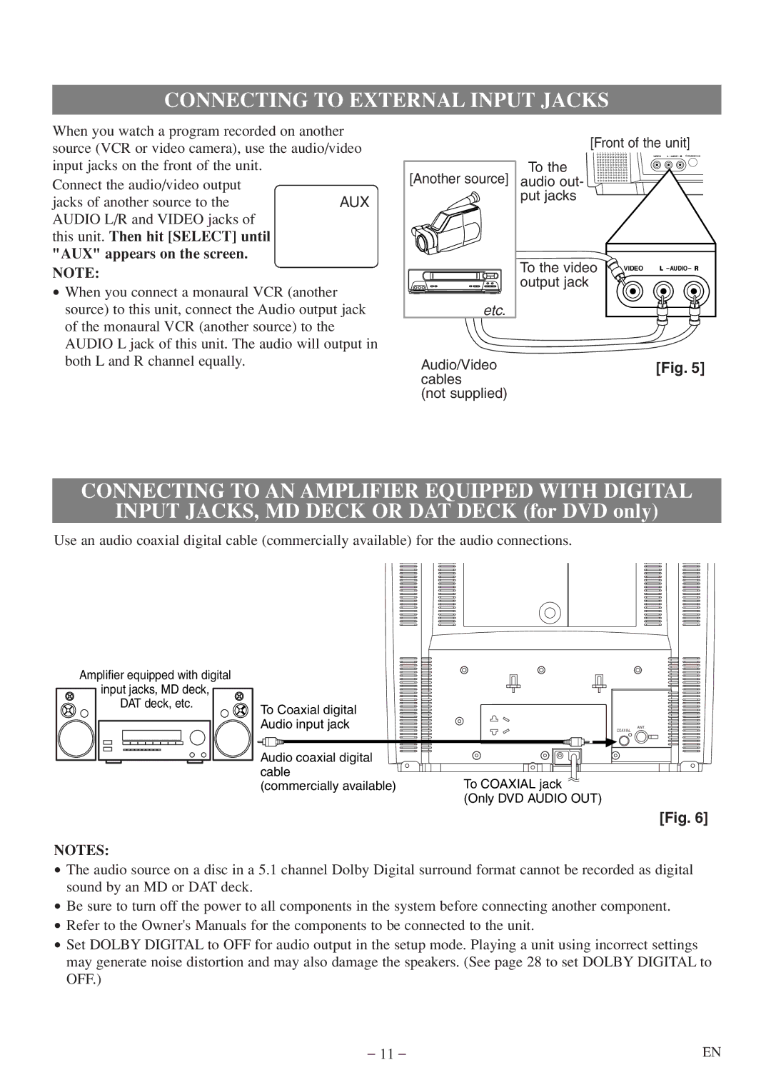 FUNAI MWC13D5 A owner manual Connecting to External Input Jacks, Connecting to AN Amplifier Equipped with Digital 