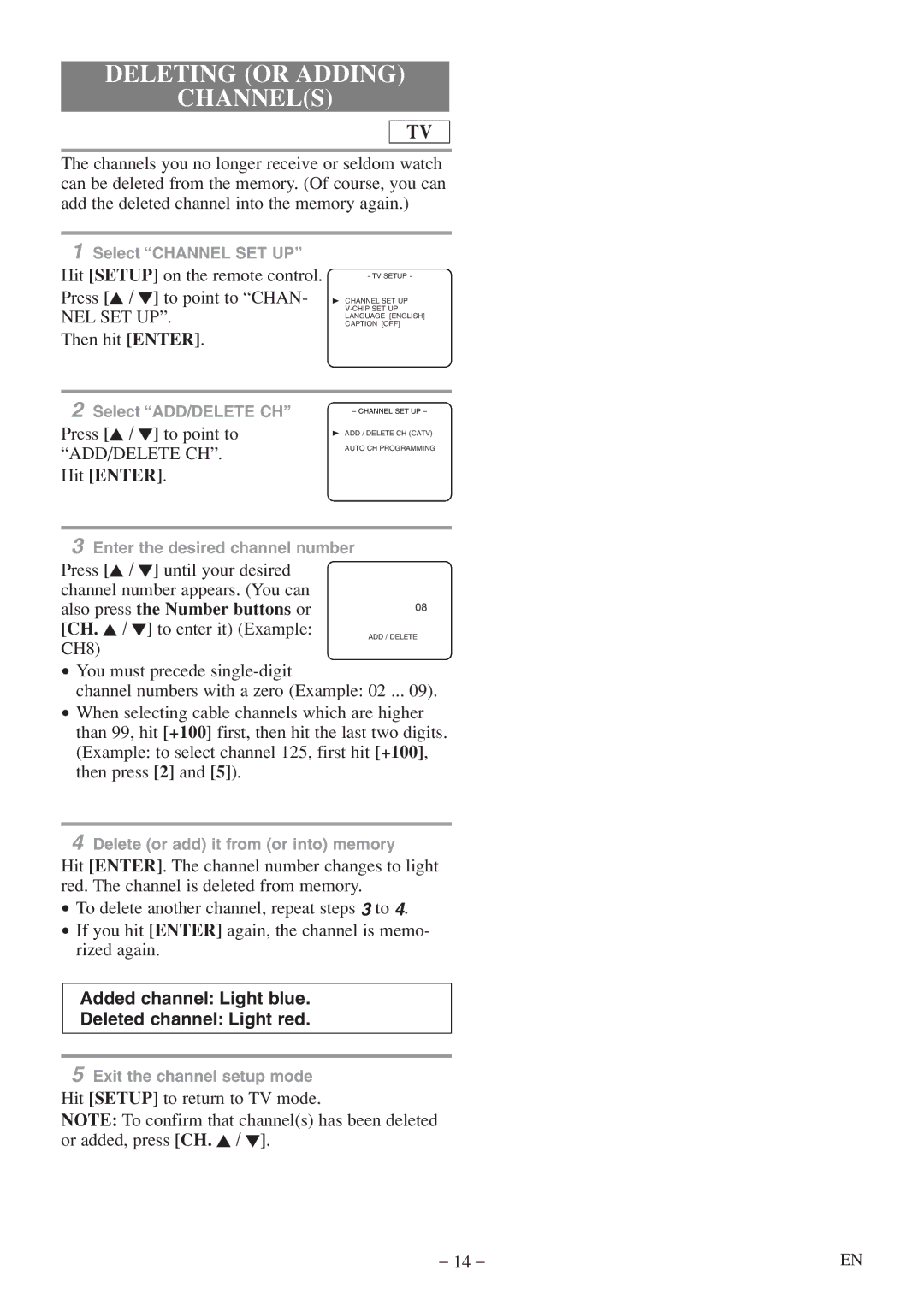 FUNAI MWC13D5 A owner manual Deleting or Adding Channels 