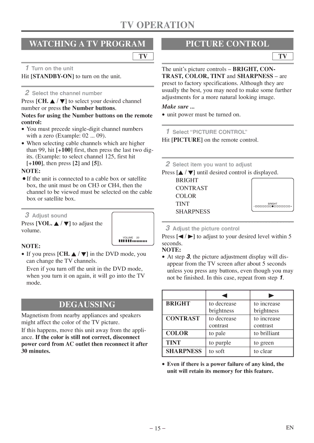 FUNAI MWC13D5 A owner manual TV Operation, Watching a TV Program, Degaussing, Picture Control 