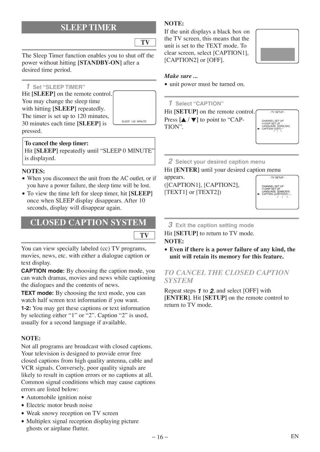 FUNAI MWC13D5 A owner manual Sleep Timer, To Cancel the Closed Caption System, To cancel the sleep timer, Tion 