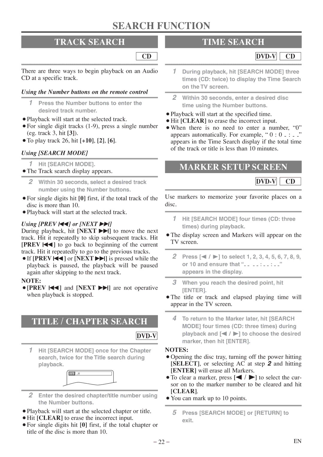 FUNAI MWC13D5 A owner manual Search Function, Track Search Time Search, Marker Setup Screen, Title / Chapter Search 