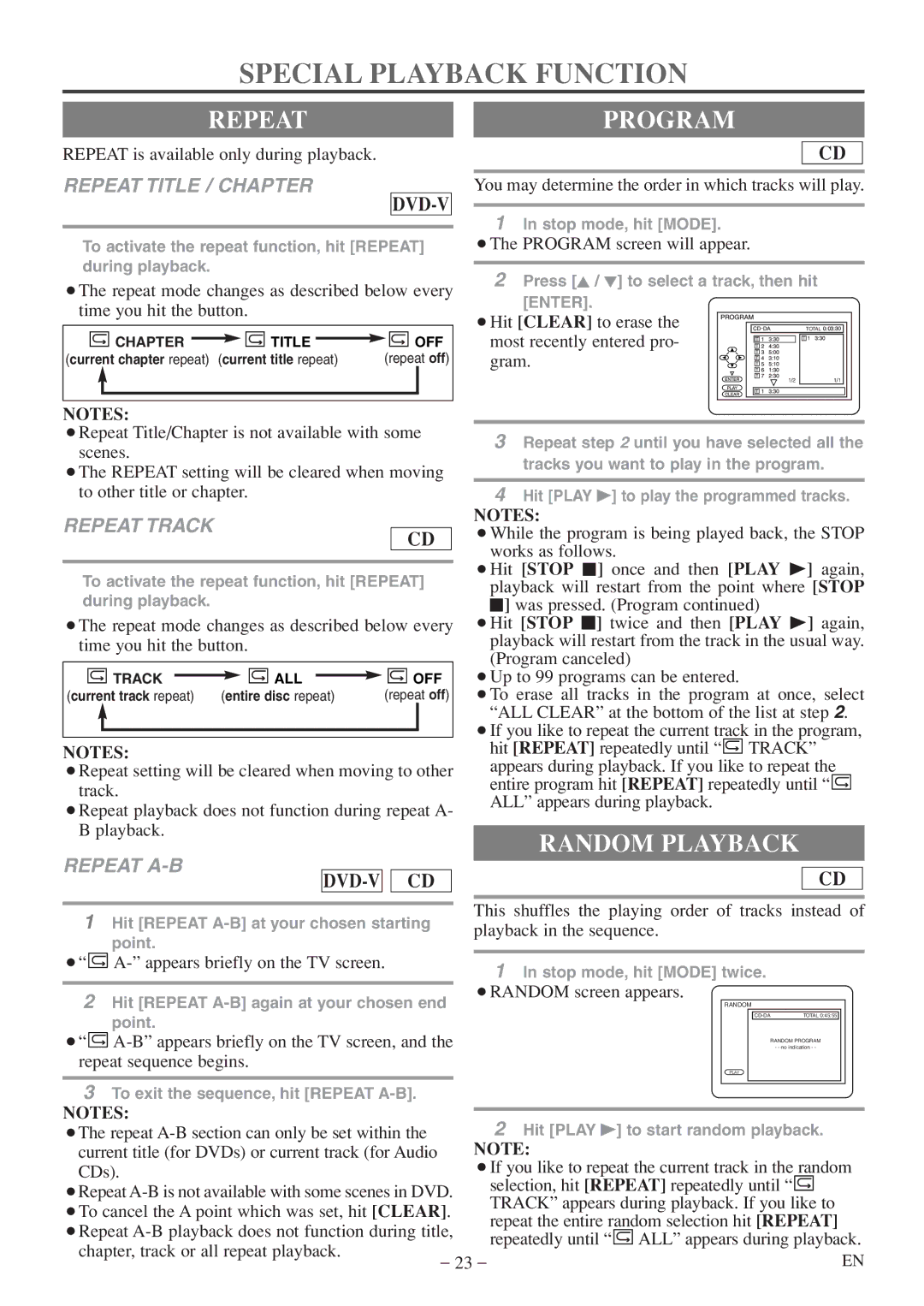 FUNAI MWC13D5 A owner manual Special Playback Function, Repeatprogram, Random Playback 