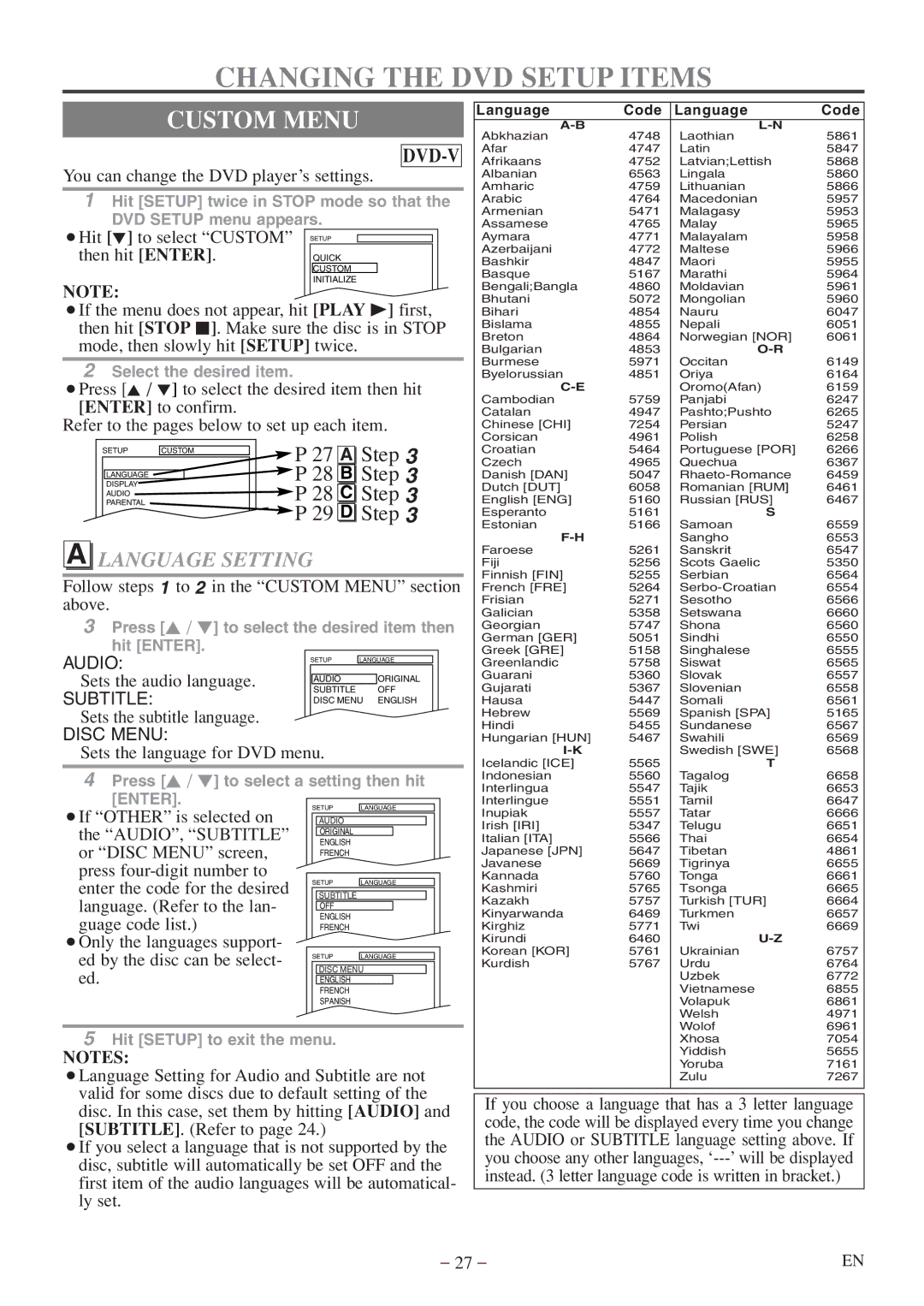 FUNAI MWC13D5 A owner manual Changing the DVD Setup Items, Custom Menu, Language Setting 