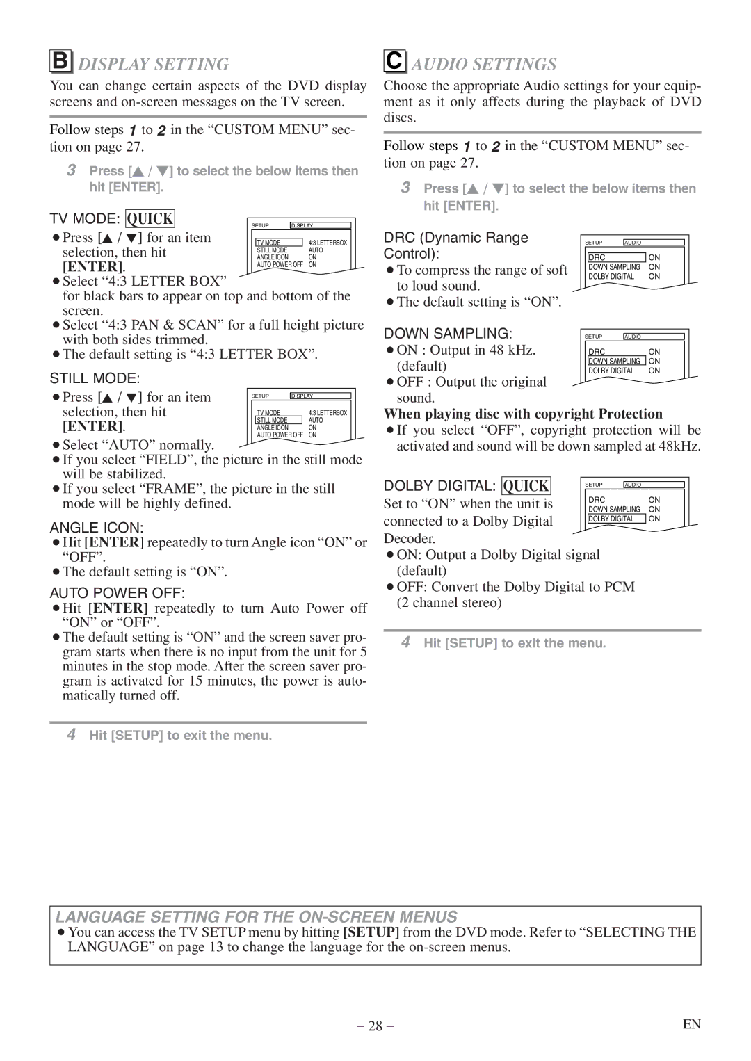 FUNAI MWC13D5 A owner manual Display Setting, Audio Settings, Quick, Enter, When playing disc with copyright Protection 