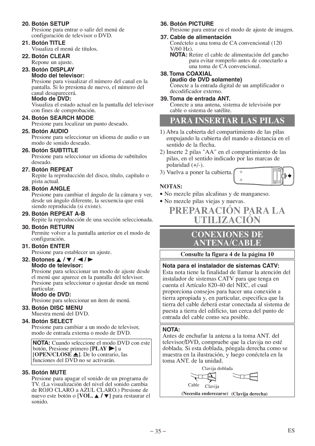 FUNAI MWC13D5 A owner manual Preparación Para LA Utilización, Para Insertar LAS Pilas, Conexiones DE ANTENA/CABLE, Notas 