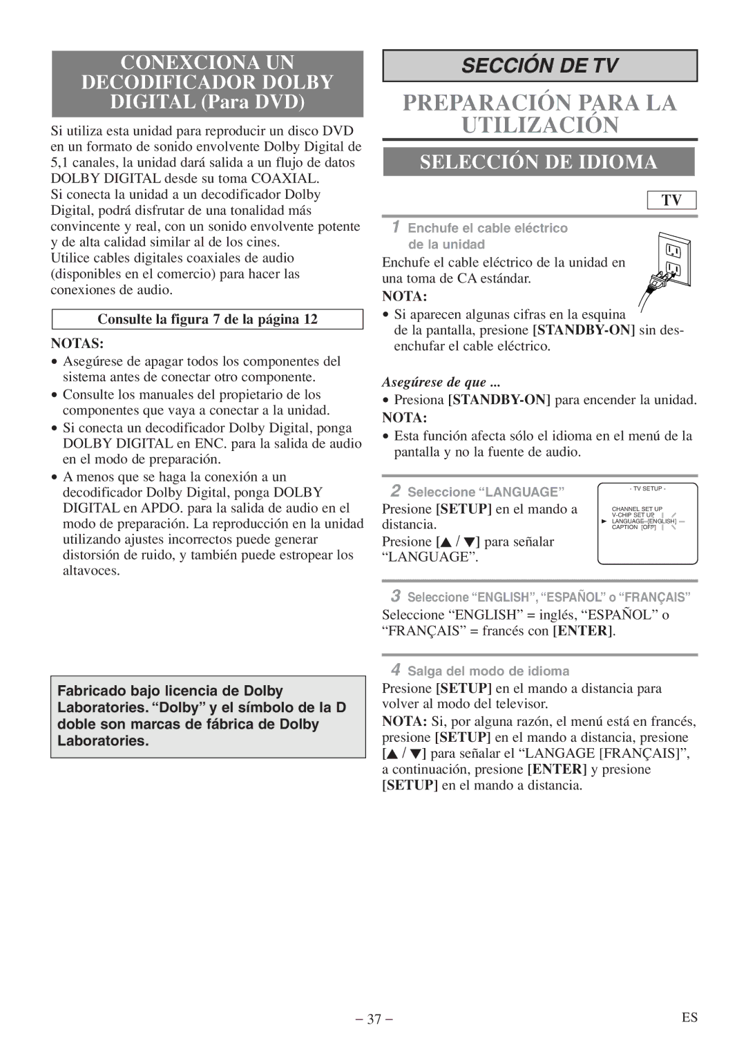 FUNAI MWC13D5 A Conexciona UN Decodificador Dolby, Selección DE Idioma, Consulte la figura 7 de la página, Language 