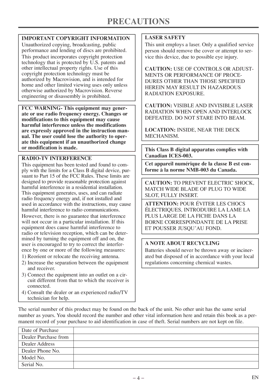 FUNAI MWC13D5 A owner manual Precautions, Important Copyright Information, RADIO-TV Interference, Laser Safety 