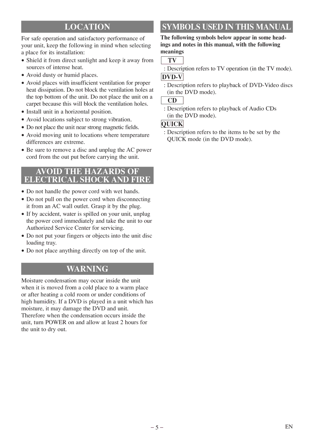 FUNAI MWC13D5 A owner manual Location, Avoid the Hazards Electrical Shock and Fire 