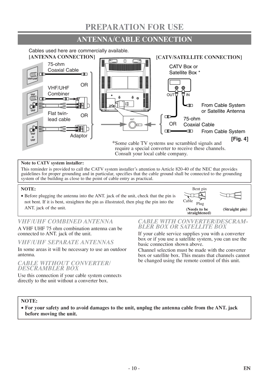 FUNAI MWC13D5df Preparation for USE, ANTENNA/CABLE Connection, VHF/UHF Combined Antenna, VHF/UHF Separate Antennas 