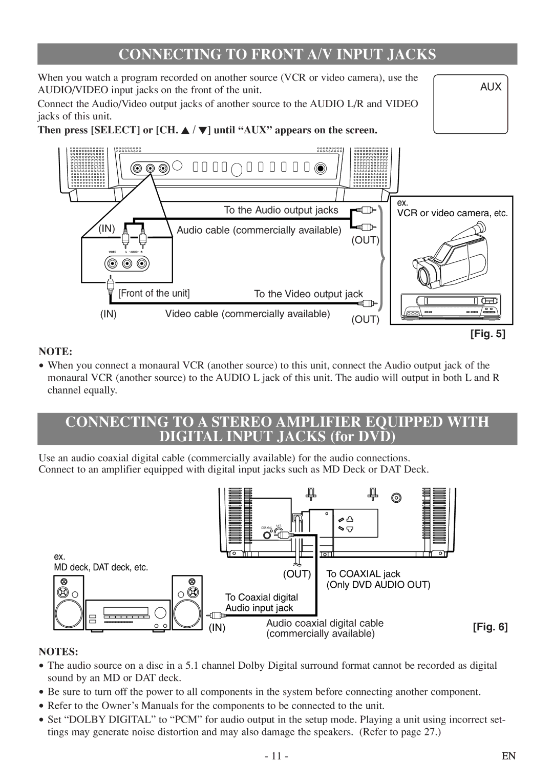 FUNAI MWC13D5df owner manual Connecting to Front A/V Input Jacks, Connecting to a Stereo Amplifier Equipped with 