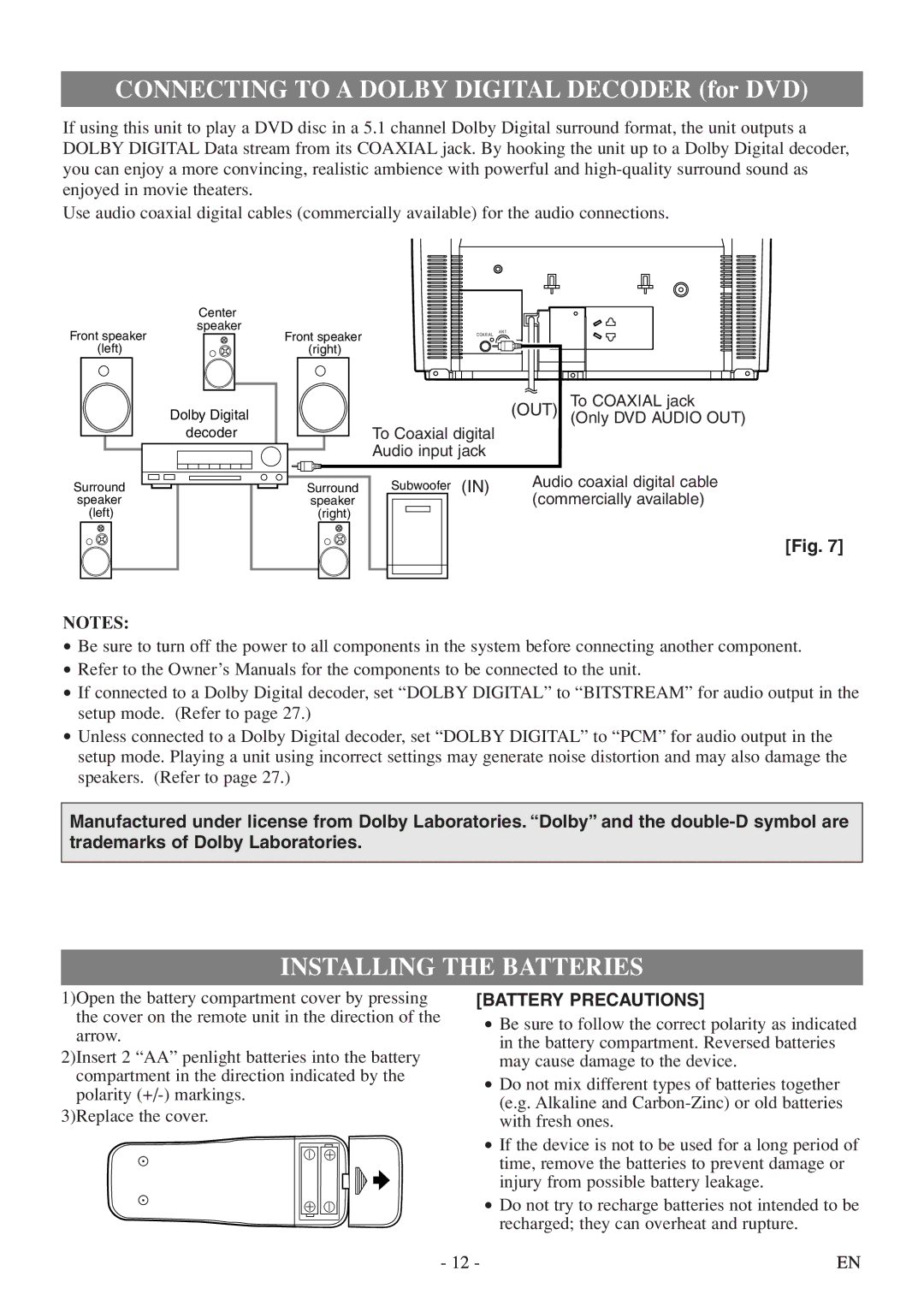 FUNAI MWC13D5df owner manual Connecting to a Dolby Digital Decoder for DVD, Installing the Batteries 