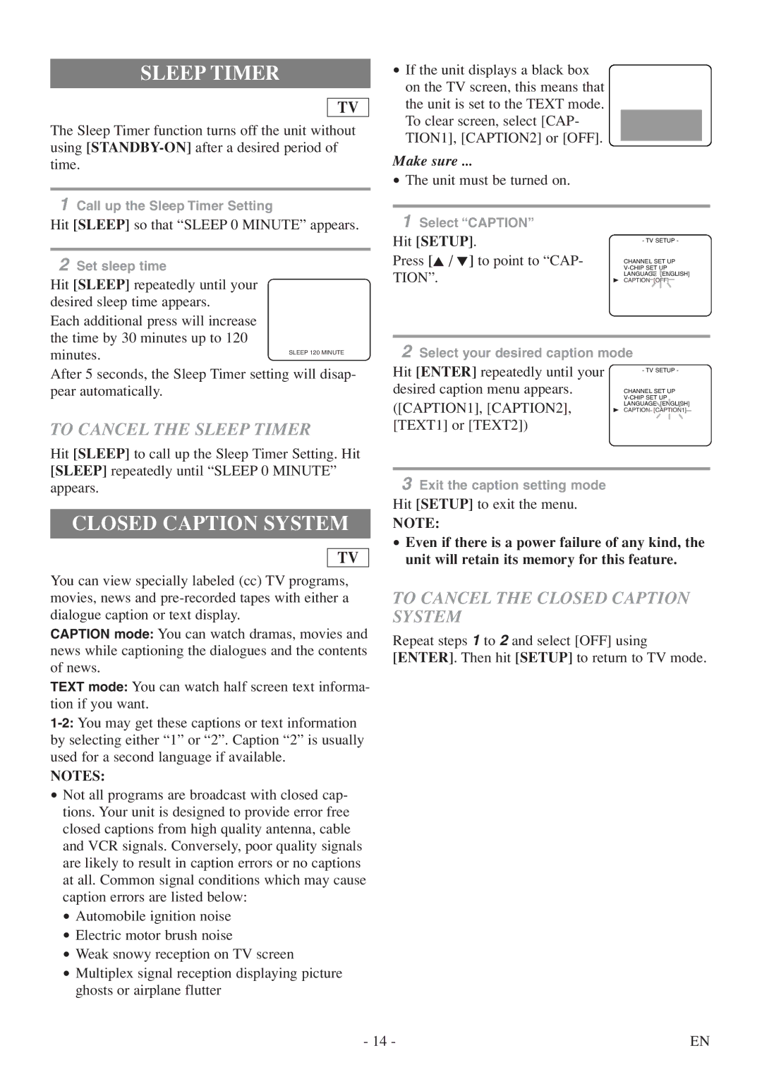 FUNAI MWC13D5df owner manual To Cancel the Sleep Timer, To Cancel the Closed Caption System, Hit Setup 