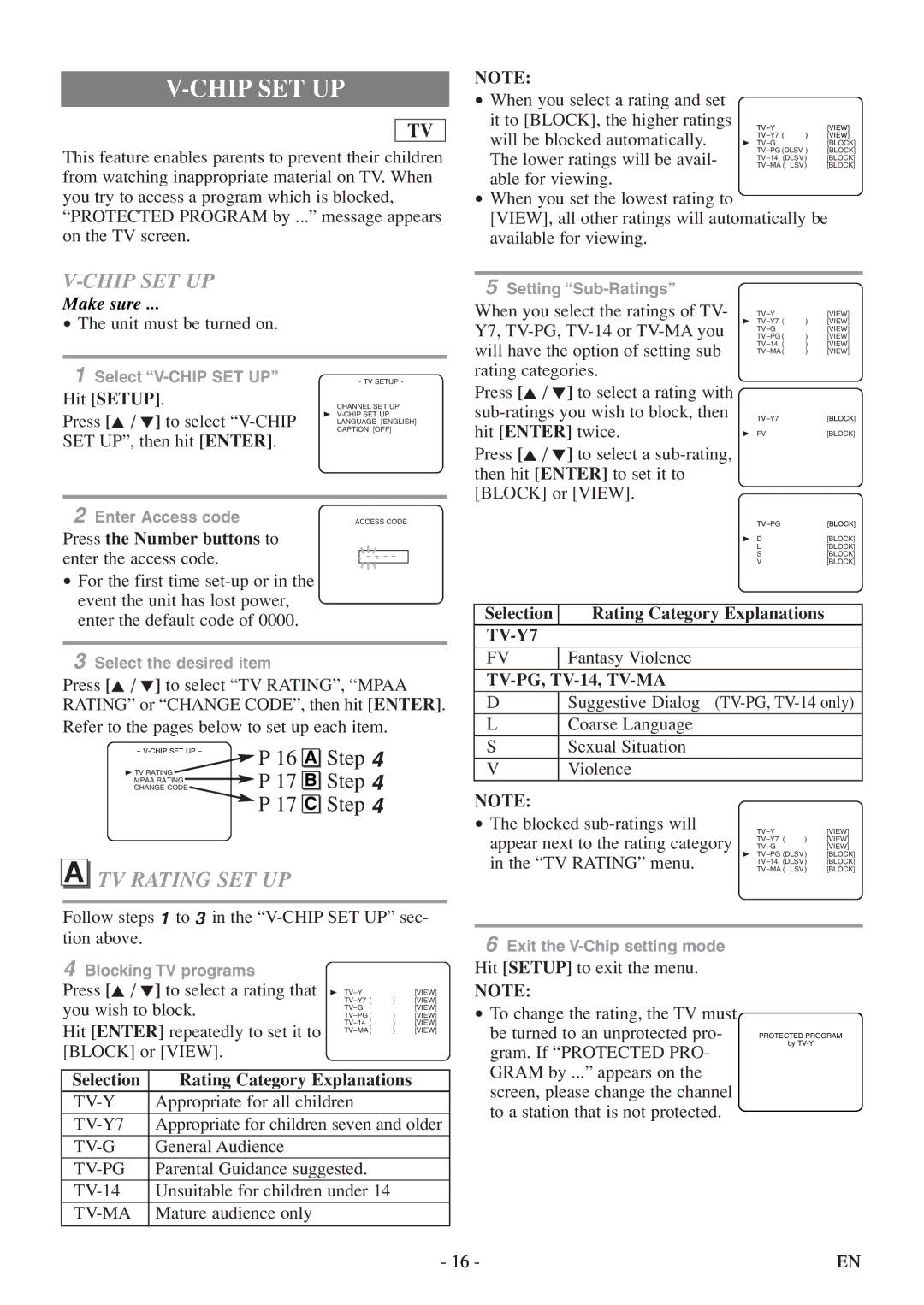 FUNAI MWC13D5df owner manual Chip SET UP, TV Rating SET UP, TV-Y7, TV-PG, TV-14, TV-MA 