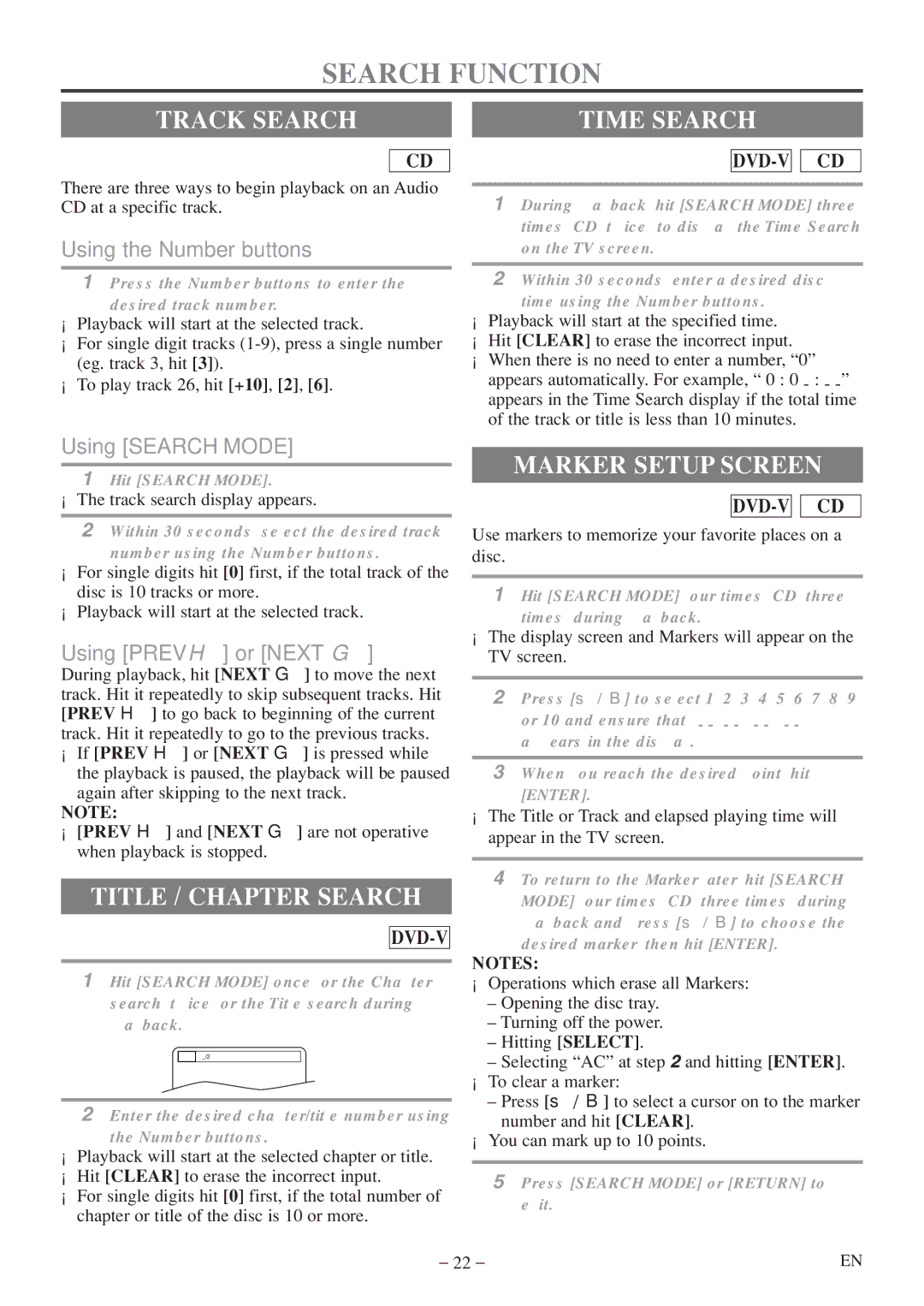 FUNAI MWC13D5df owner manual Search Function, Track Search, Title / Chapter Search, Time Search, Marker Setup Screen 