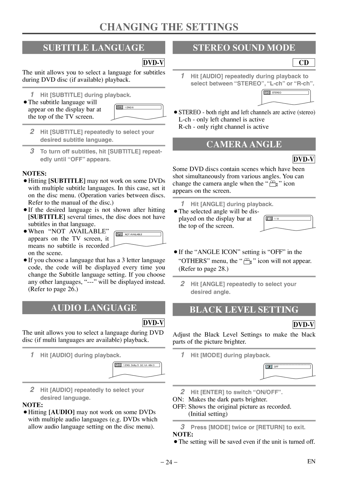 FUNAI MWC13D5df owner manual Changing the Settings, Subtitle Language Stereo Sound Mode, Camera Angle, Audio Language 