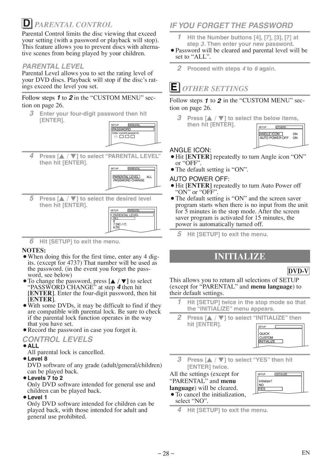 FUNAI MWC13D5df owner manual Initialize, Parental Control, Other Settings 