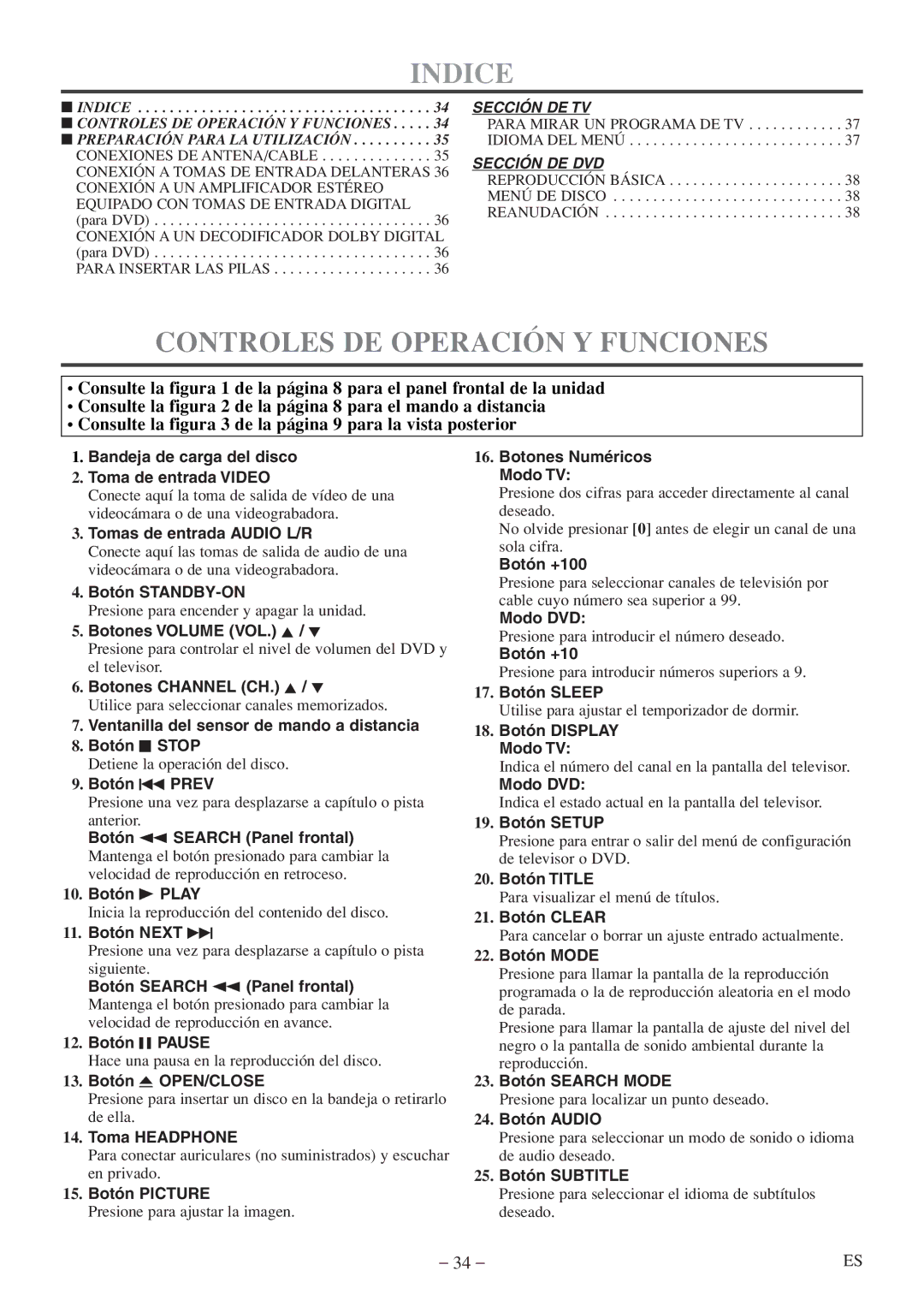 FUNAI MWC13D5df owner manual Indice, Controles DE Operación Y Funciones 