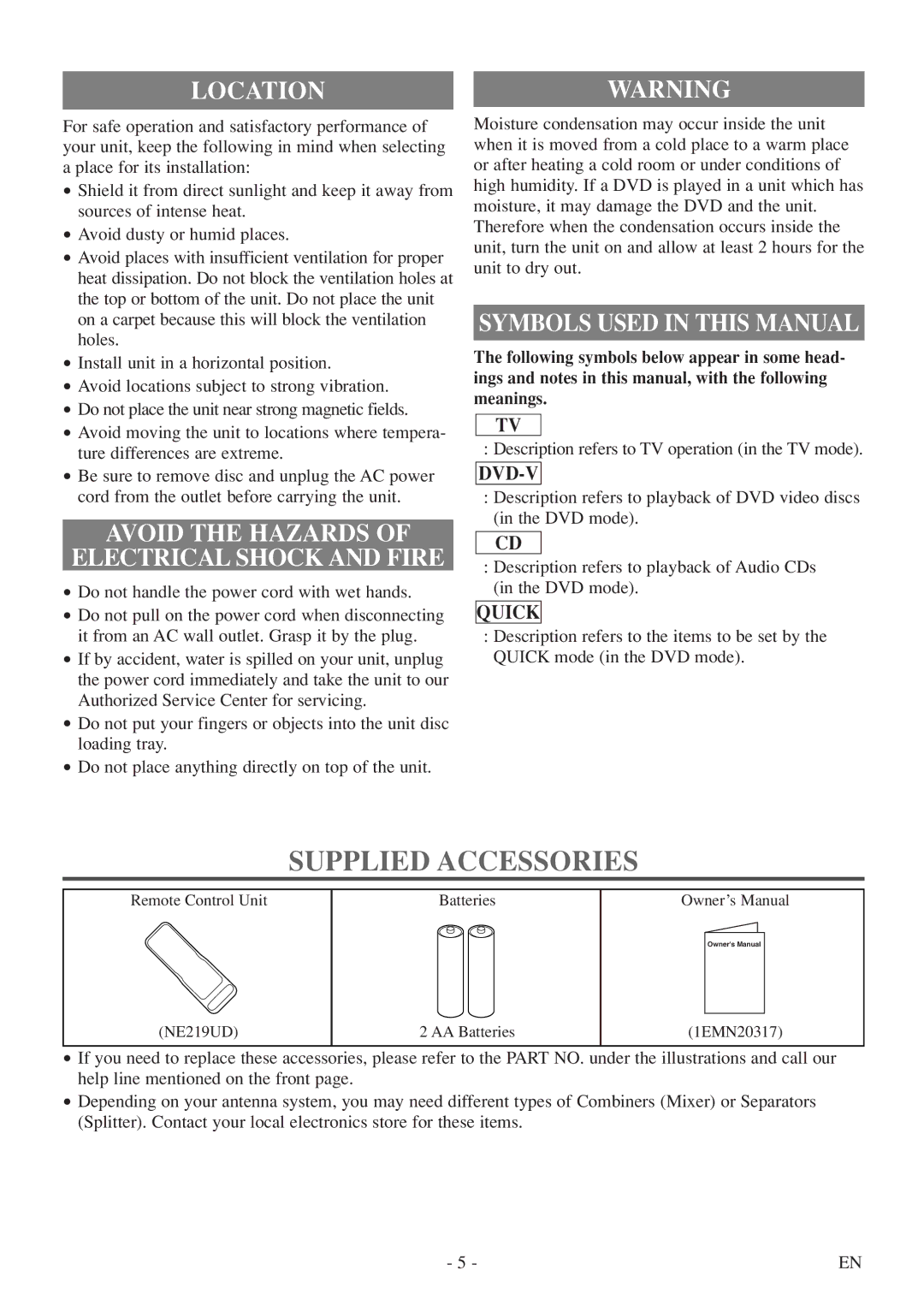 FUNAI MWC13D5df owner manual Supplied Accessories, Locationwarning, Avoid the Hazards Electrical Shock and Fire 