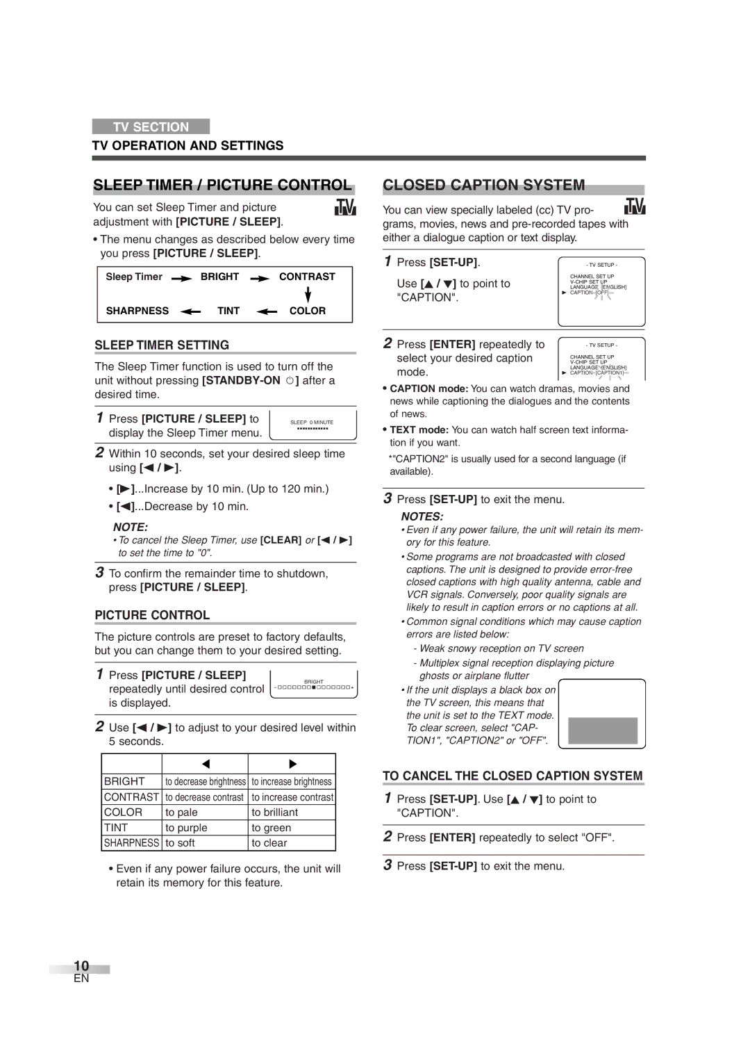 FUNAI MWC13D6 owner manual Sleep Timer / Picture Control, Closed Caption System 