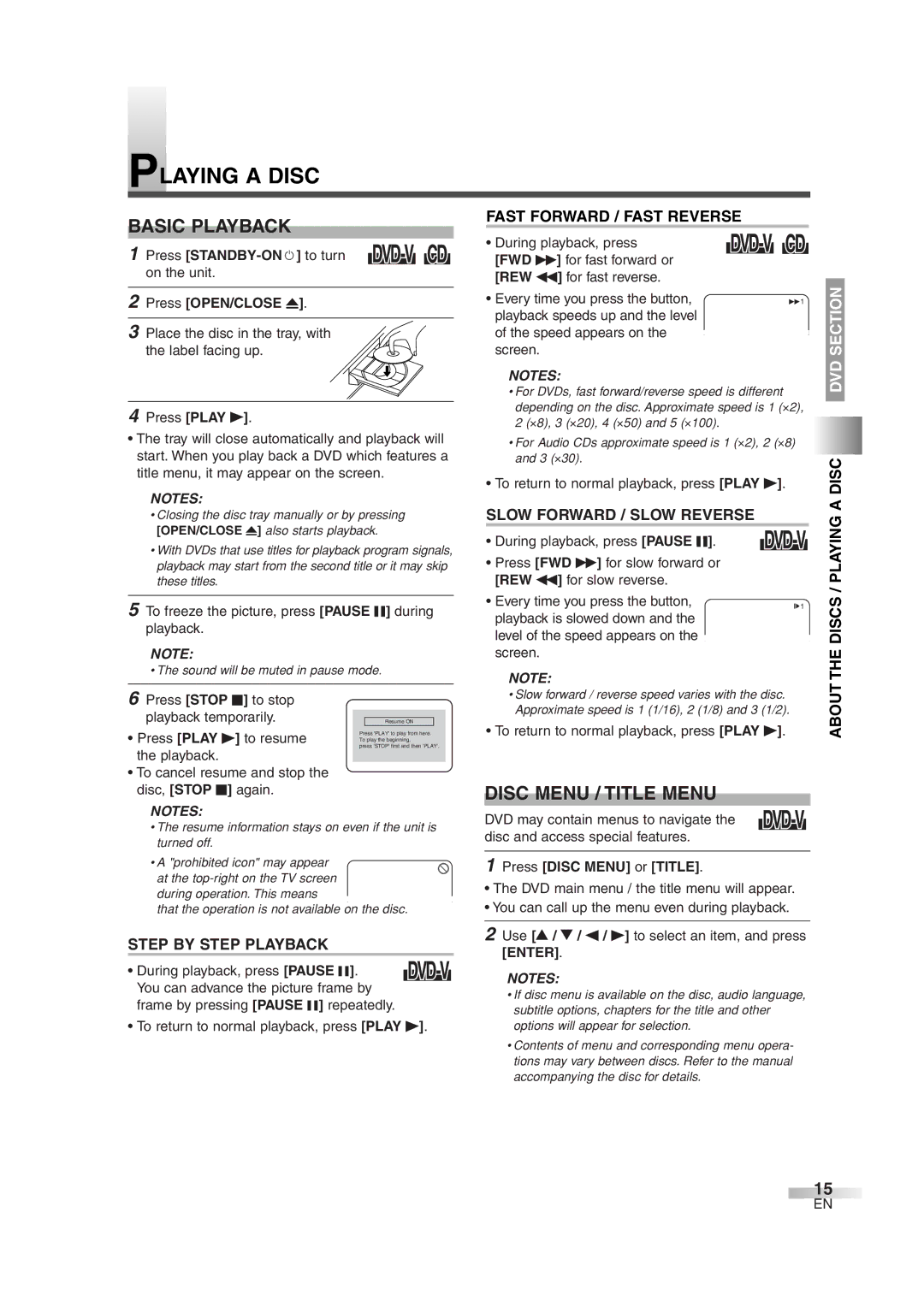 FUNAI MWC13D6 owner manual Playing a Disc, Basic Playback, Disc Menu / Title Menu 